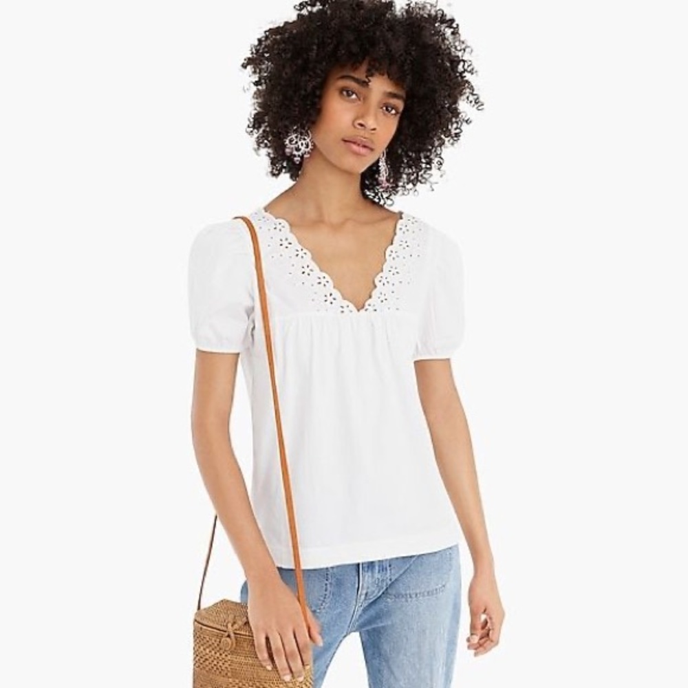 NWT J.Crew Eyelet Top with Puff Sleeves in White